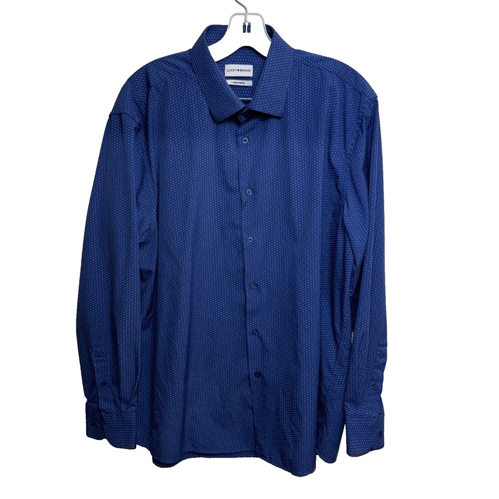 Lucky Brand Slim Fit Men XL 4 Way Stretch Blue Geometric Button Long Sleeve